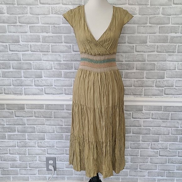 To the Max Green Silk Crinkle Dress Boho V-neck Midi Cottage Hippie Womens 6 - Picture 1 of 10